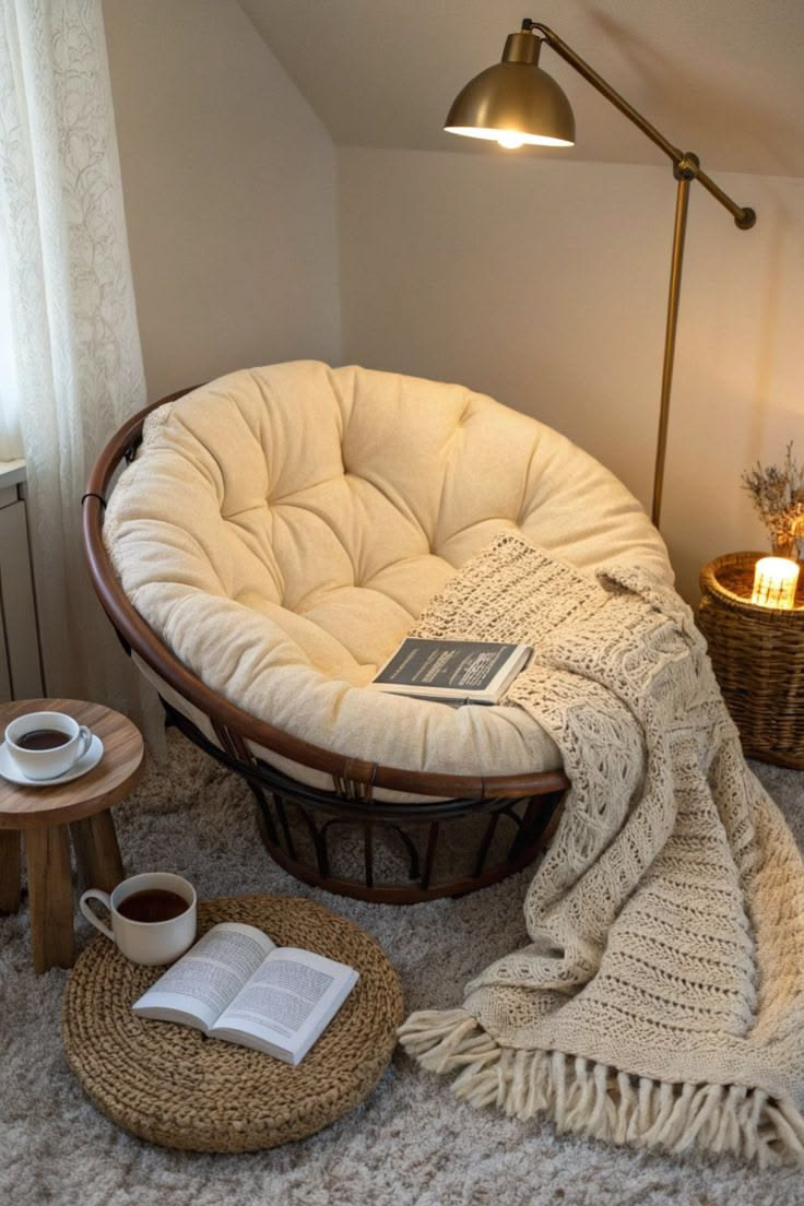 cozy wooden table with white cushion